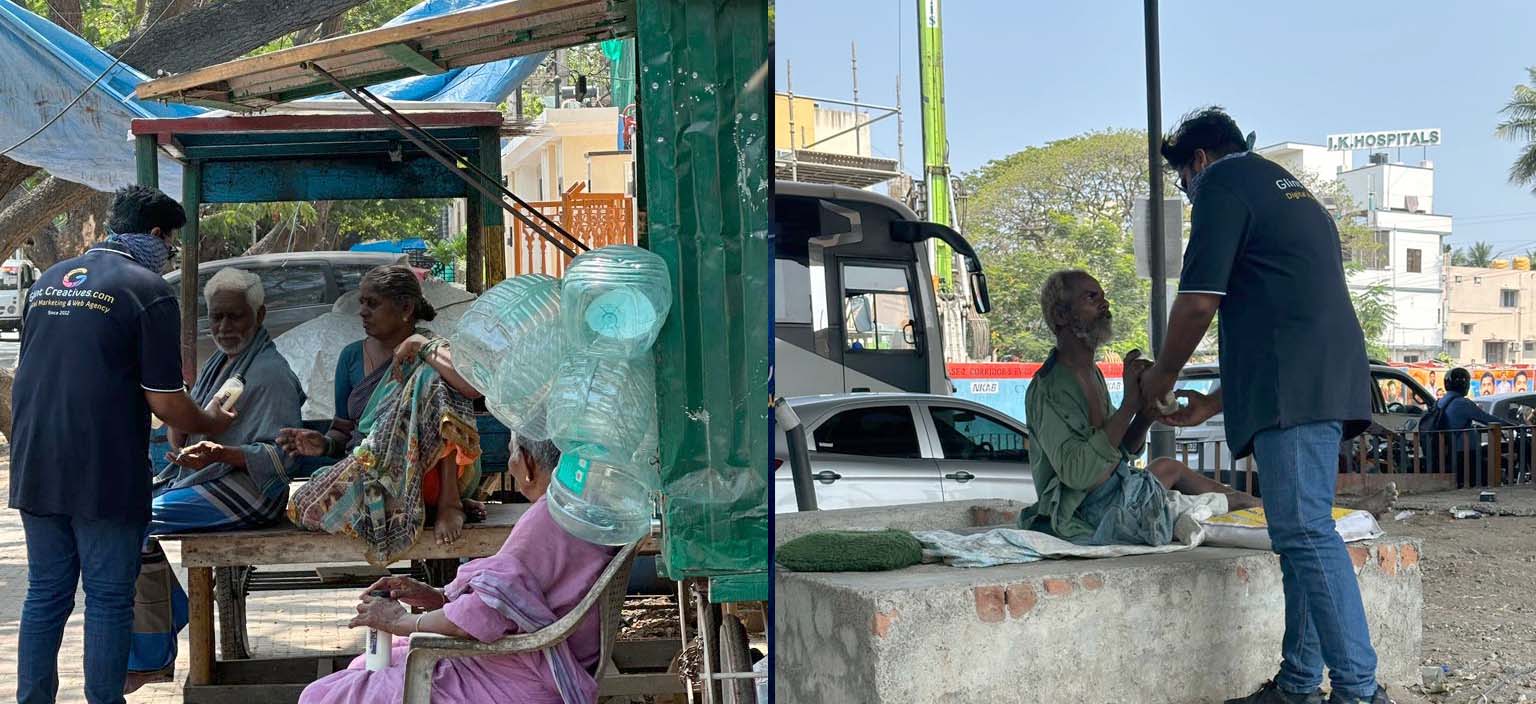 Glint Creatives team distributing buttermilk as part of their April 2026 CSR Summer Relief 
          Campaign in Chennai